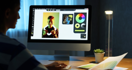 Desktop monitor showing a color wheel and portrait edit with a green tone in an editing app