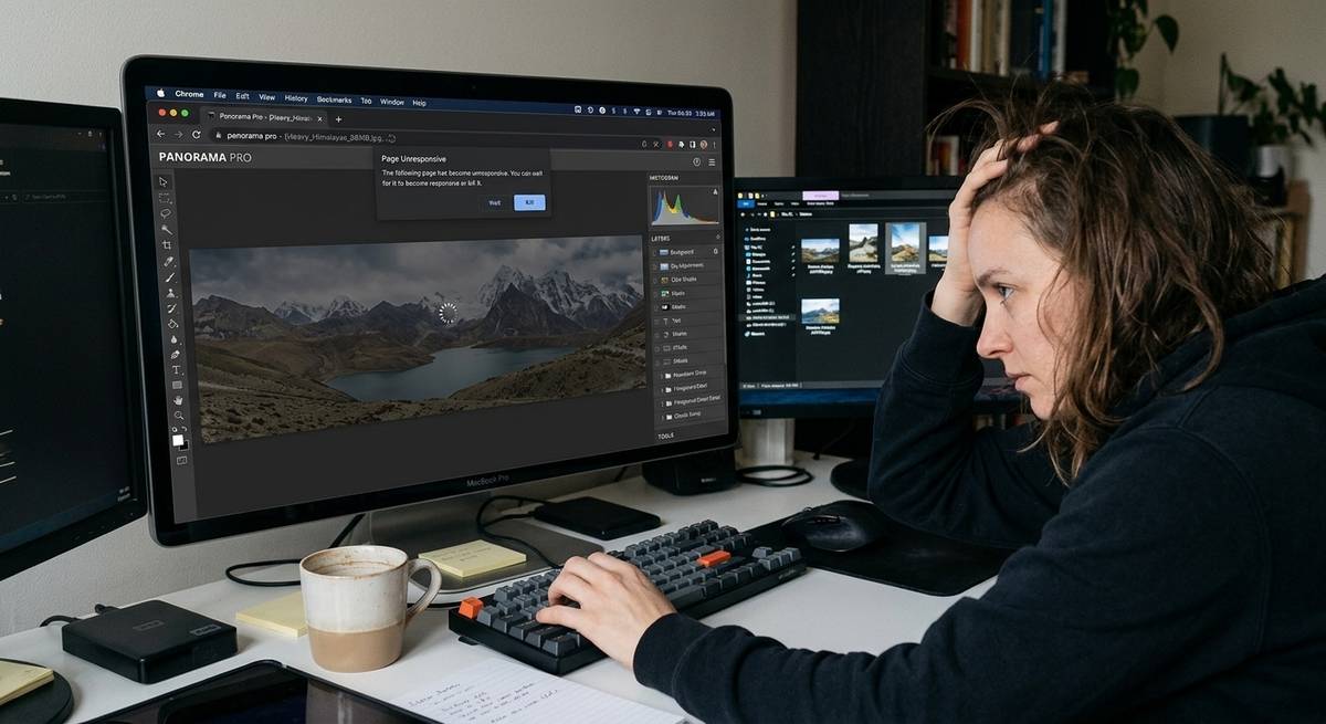 Photographer behind computer monitors