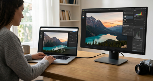 Woman editing a mountain lake photo on a laptop browser and a connected monitor with Luminar panels open