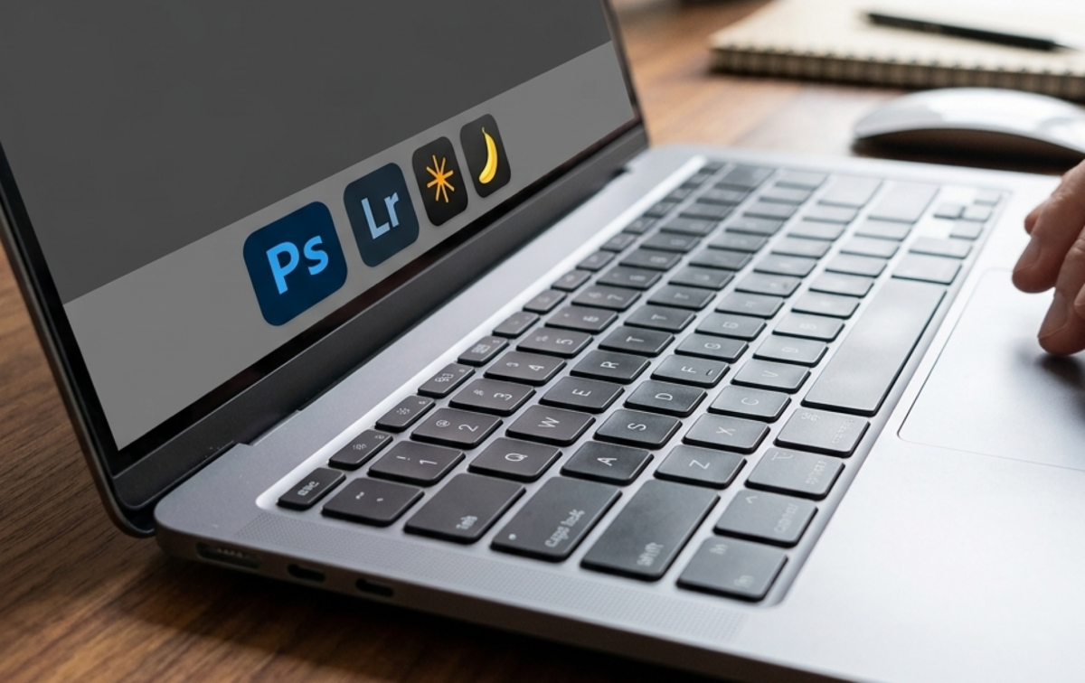 Laptop screen with Photoshop, Lightroom and other editing app icons on a dock