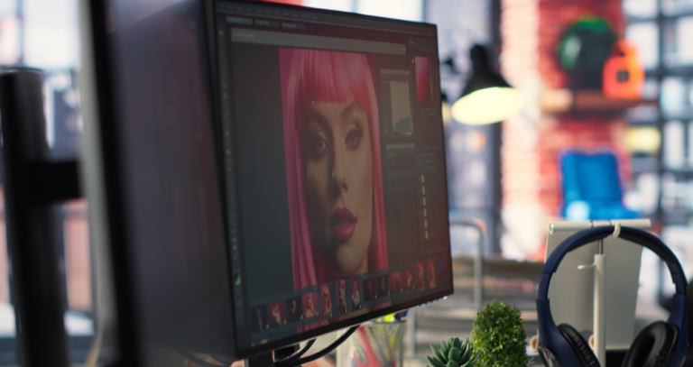 Monitor showing a photo editing tool open on a portrait of a woman with pink hair and film strip thumbnails below