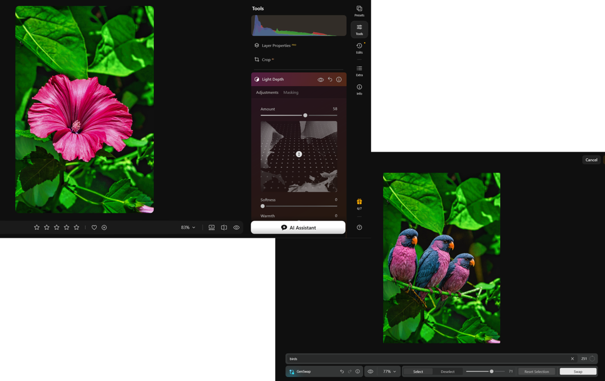 Luminar Light Depth panel on a pink flower beside GenSwap tool applied to three parrots